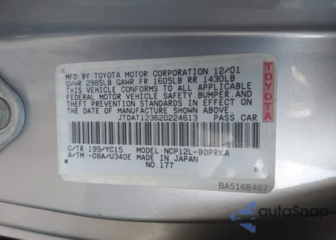 2002 Toyota Echo from USA, damaged, VIN JTDAT123620224613